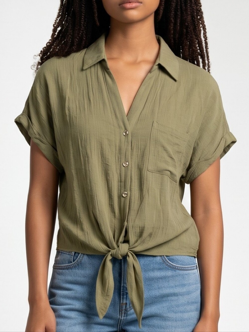PerSeption Concept Olive Tie-Front Button Down Blouse